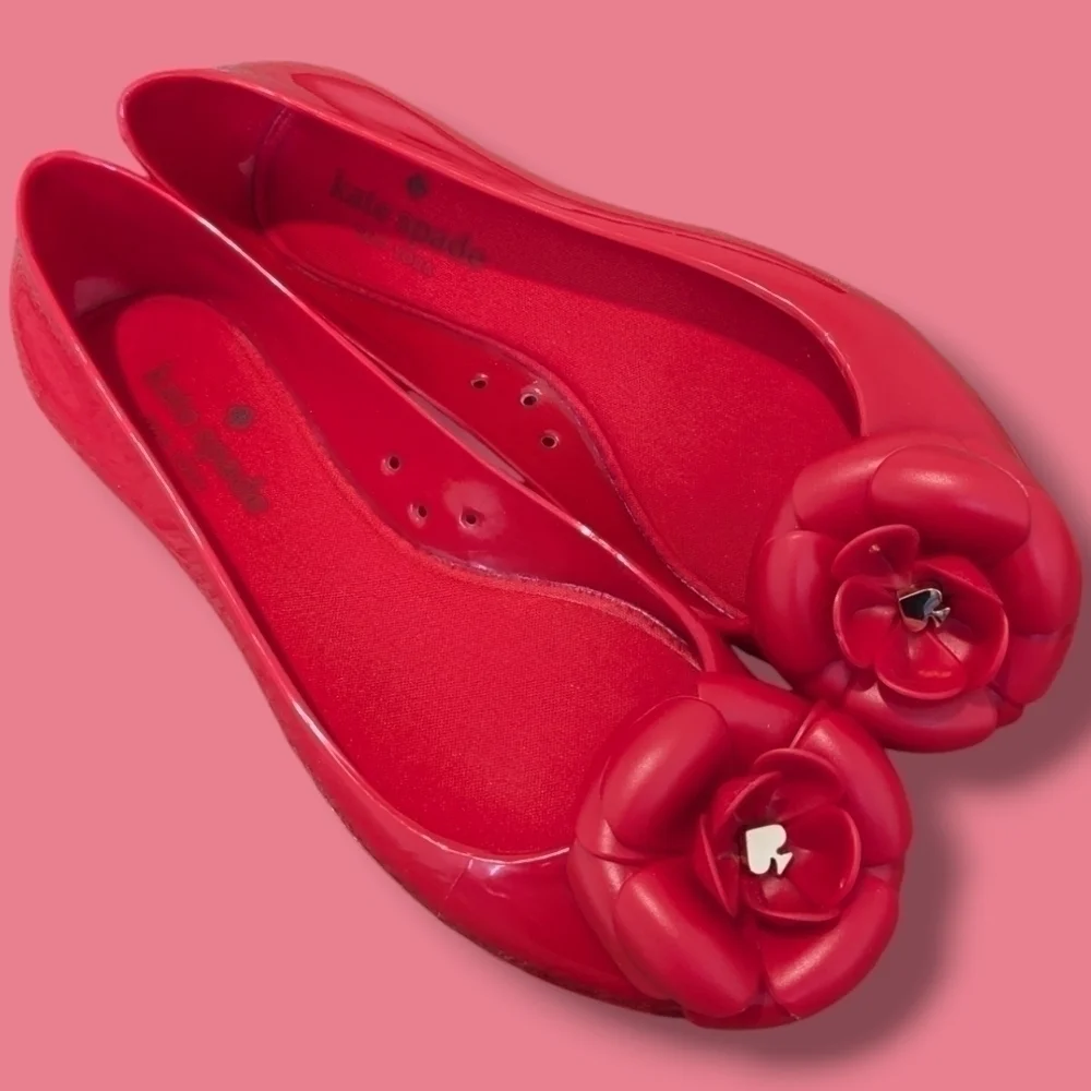 Kate Spade Red Floral Rose Jelly Ballerina Flats Size 6 Dainty Romantic Designer